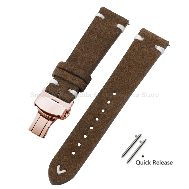 Vintage Handmade Suede Stitch Leather Watch Strap with Quick Release and Folding Clasp