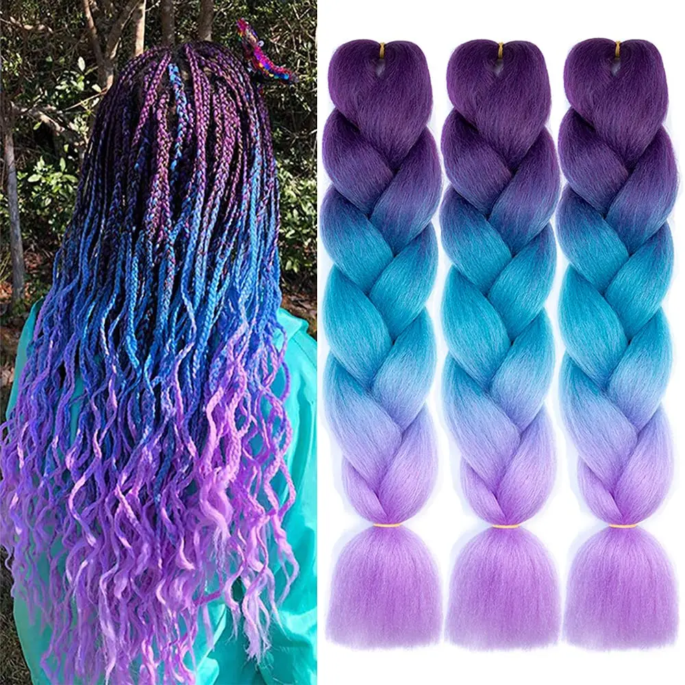 Braiding Hair Extensions Ombre Braiding Hair 24 Inch 1Pack Pre Stretched Box Colorful Twist Extensions Synthetic Crochet Purple/Lake Blue/Light Purple