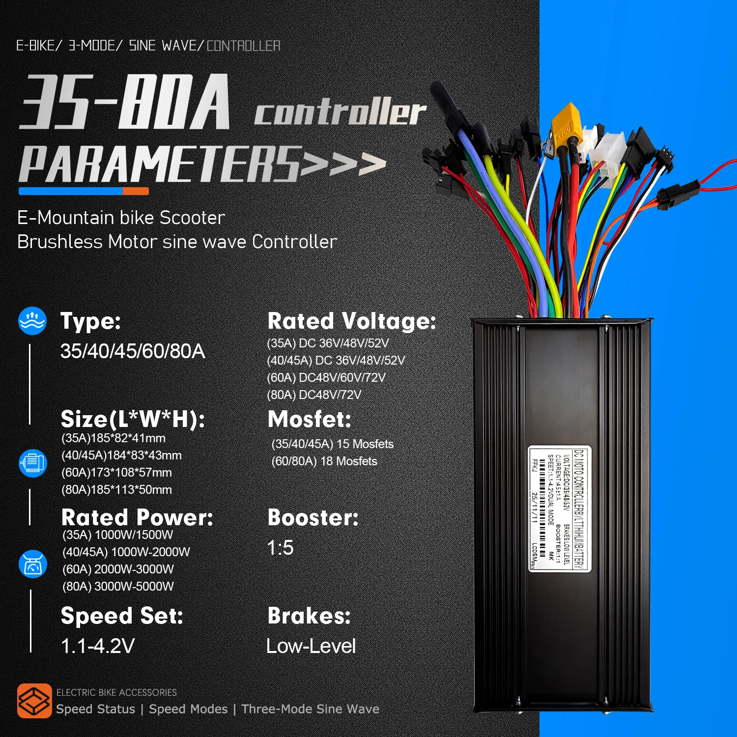 전기 자전거 사인파 3모드 컨트롤러 35A/40A/45A/60A/80A 브러시리스 36V48V52V72V 1500W-5000W 모터 컨트롤러 전기자전거 부품