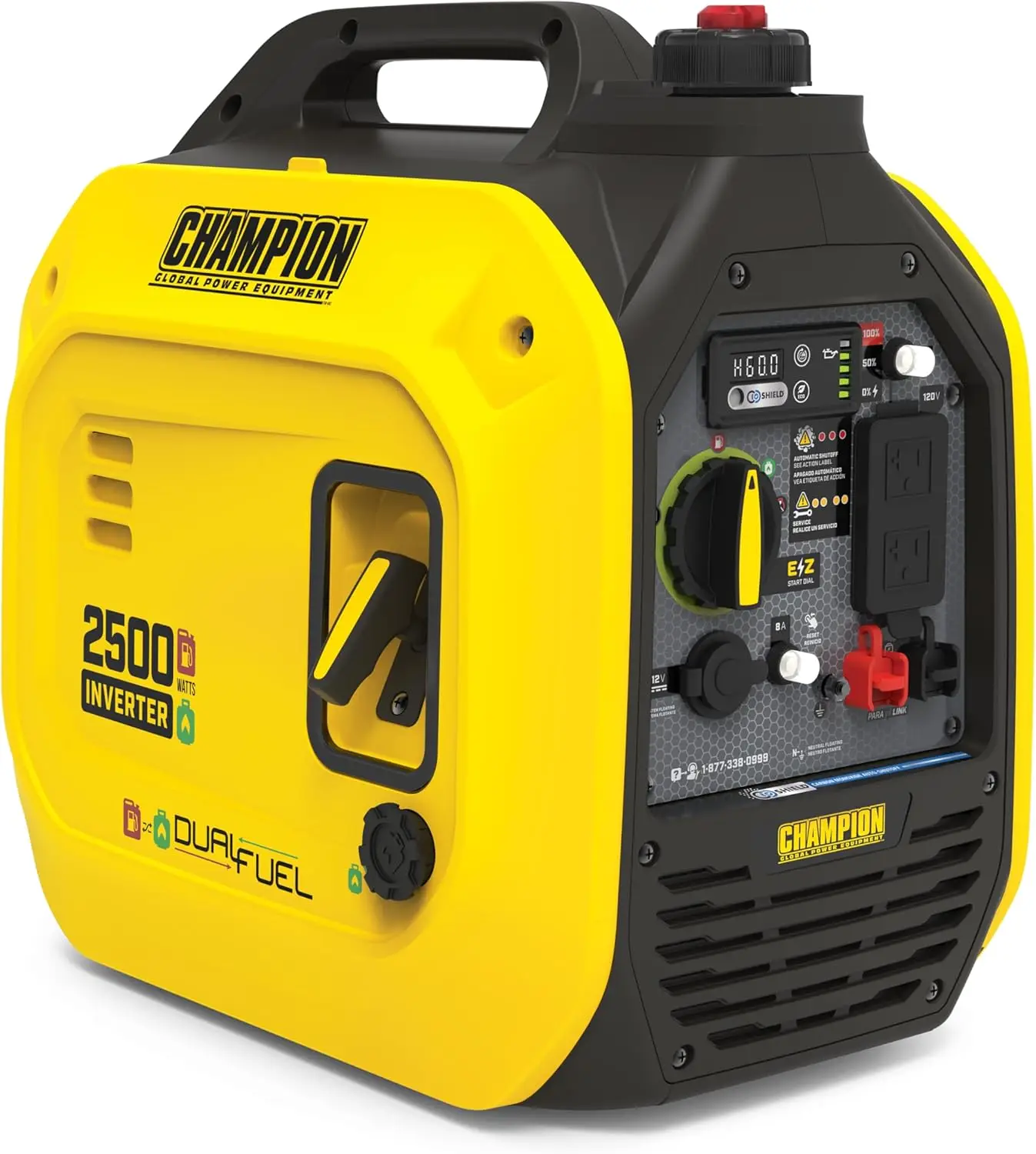 2500 Watt Dual Fuel Portable Inverter Generator with Quiet Technology and CO Shield With an ultra quiet 53 dBA from 23 feet