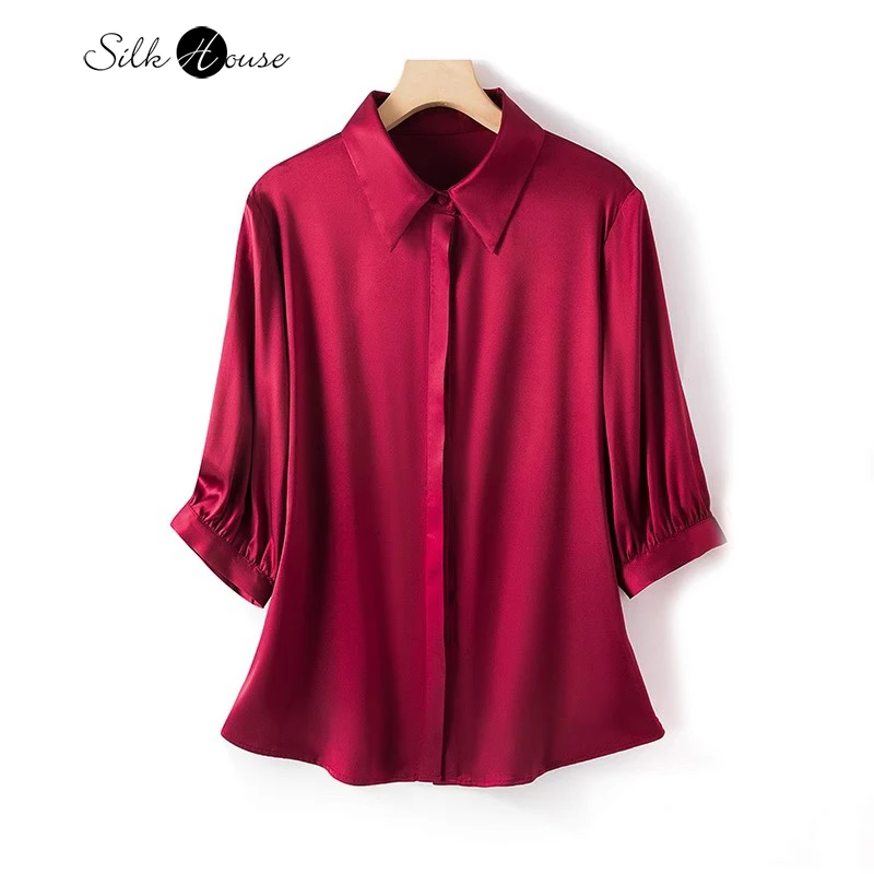 93%Natural Mulberry Silk Satin Top with Three-quarter Sleeve Shirt Solid Wine Red Flip Collar Elegant and Beautiful  Fashionable