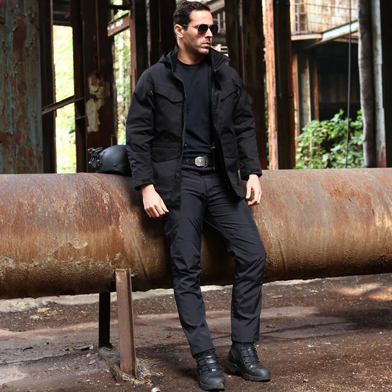 블랙 M65 카고 세트 남성 군용 멀티 포켓 방수 윈드 브레이커 코트 + 방풍 스트레이트 바지 봄 가을 후드 슈트