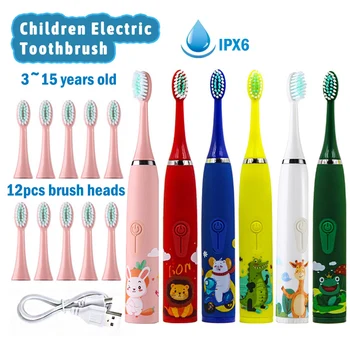 어린이용 소닉 전동 칫솔, 부드러운 모피 자동 방수 청소 브러시, 12 개 교체 브러시 헤드 포함, 만화