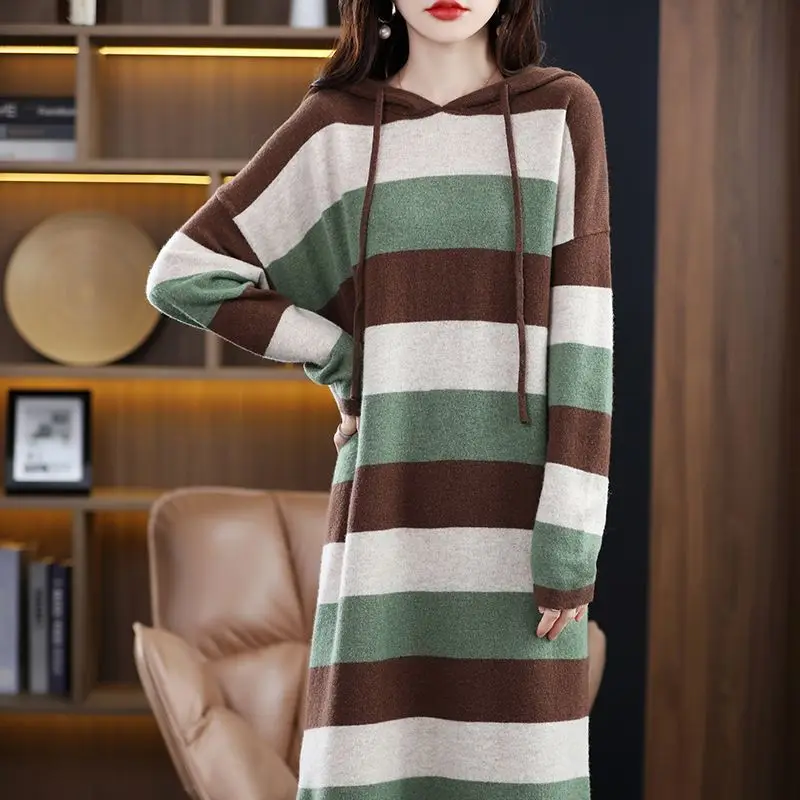 Female Loose Fashion Striped Hooded Knitted Dress 2023 Autumn Winter Women\'s Clothing Korean Elegant Long Sleeve Midi Dresses