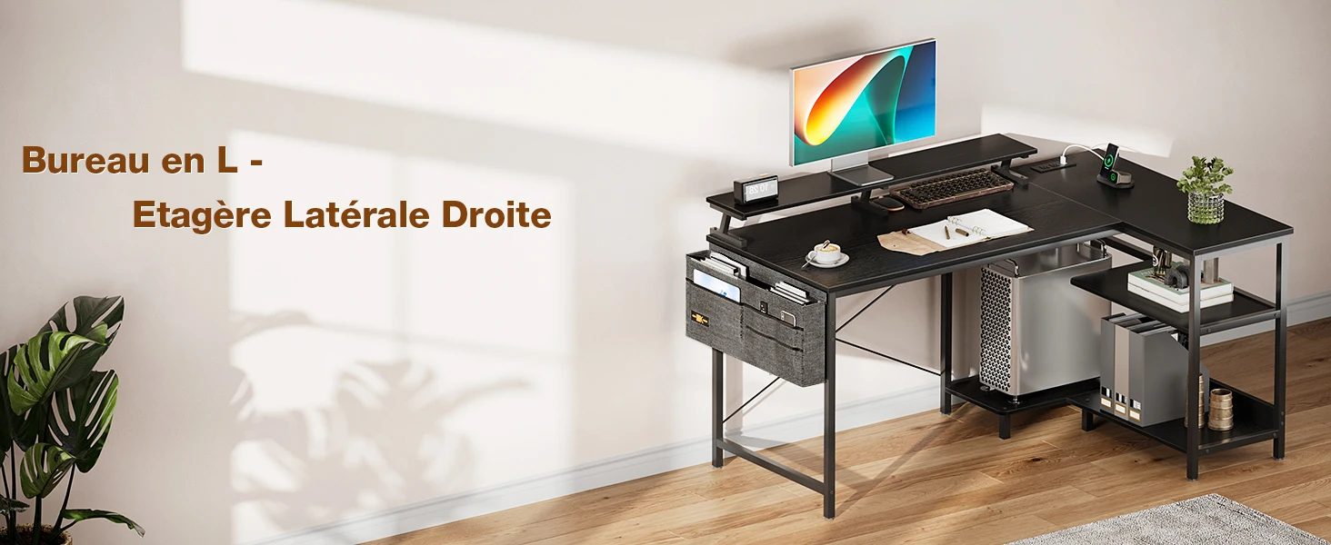 with right side shelf, black surfaces and metal structure. Includes computer setup and desk accessories.