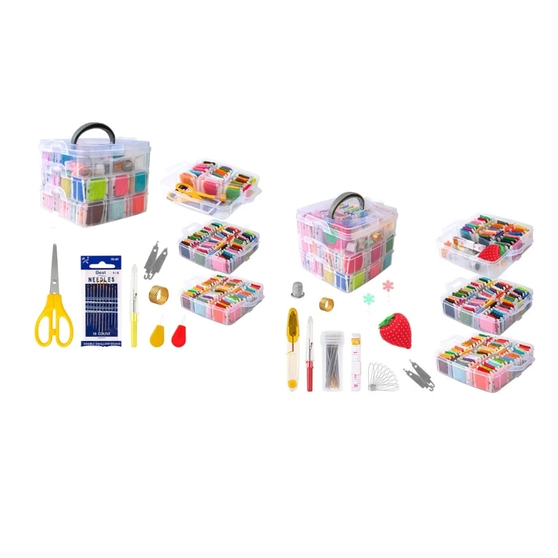 

2 Sets Embroidery Thread Stitching Kits with 3-layer Clear Storage Box for DIY Embroidery Craft Friendship Bracelets