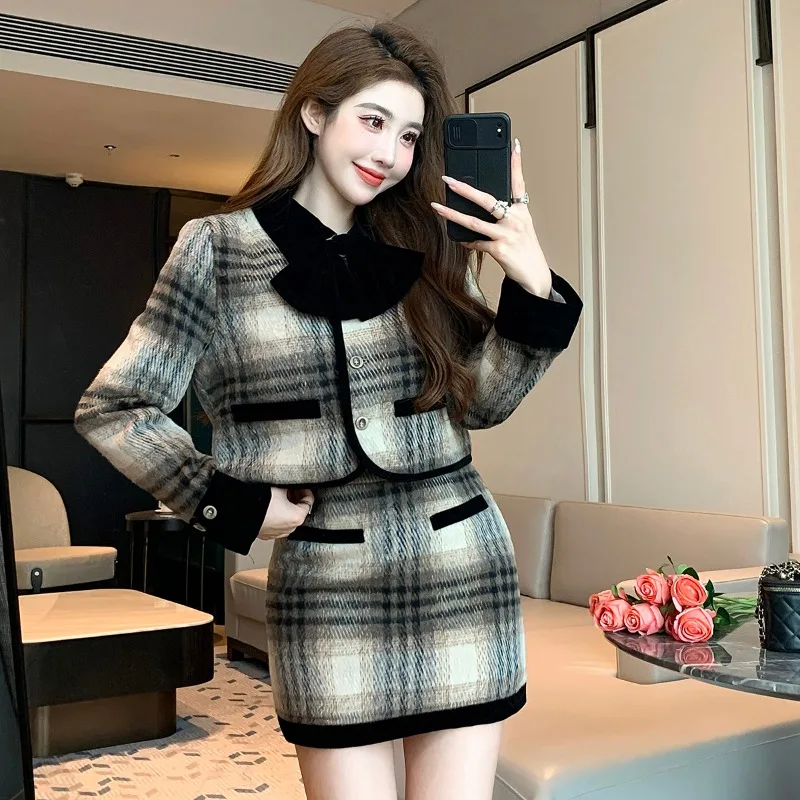 

Korean Fashion Retro Plaid Thick Woolen Bow Coat + New Sweet Cute Style Wrapped Hip Skirt Women Temperament Suit 2 Piece Sets