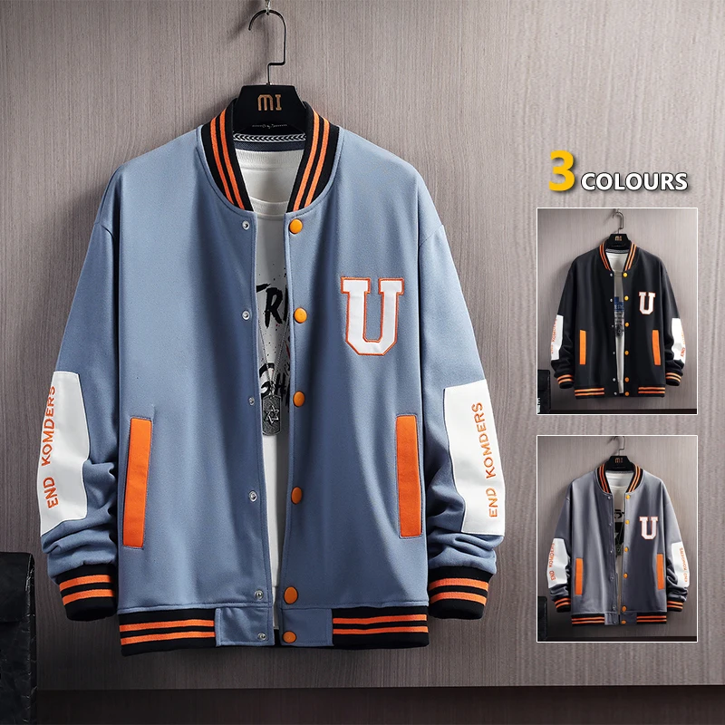 Mens Letter Embroidery Baseball Jacket Color Block Vintage Harajuku Jacket 2021 Big U Oversized Coats Streetwear