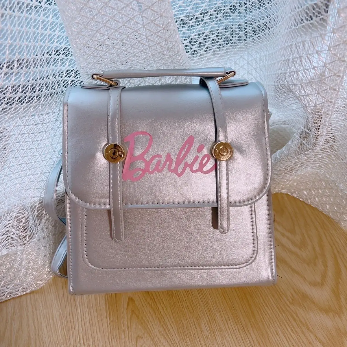 

MINISO Барби Мини Серебристые рюкзаки для студентов Y2K Повседневная сумка через плечо для девушек двойные сумки на плечо ретро дорожная женская сумка