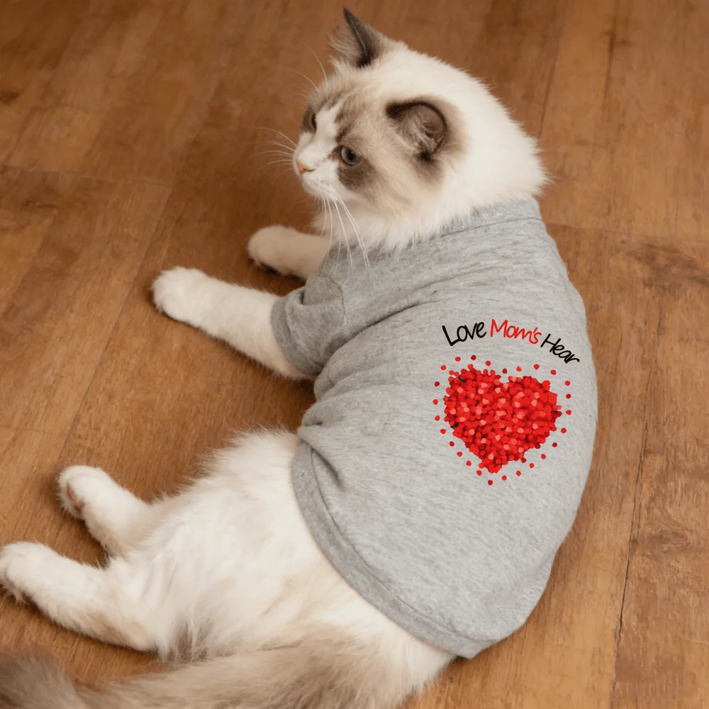 1pc Love Mom's Hear 프린트 애완동물 반팔 셔츠, 새로운 발렌타인 데이 컬렉션 소프트 올 시즌 애완동물 반팔 티셔츠