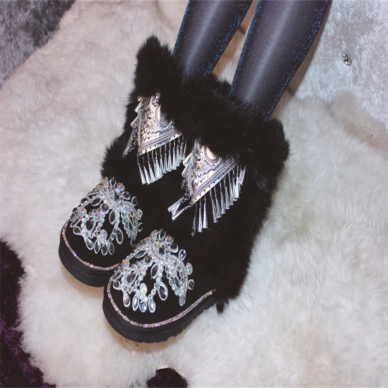 

Rhine-drill fur one winter warm boots with velvet classic hand-made fox hair boots men and women plus size 35-44