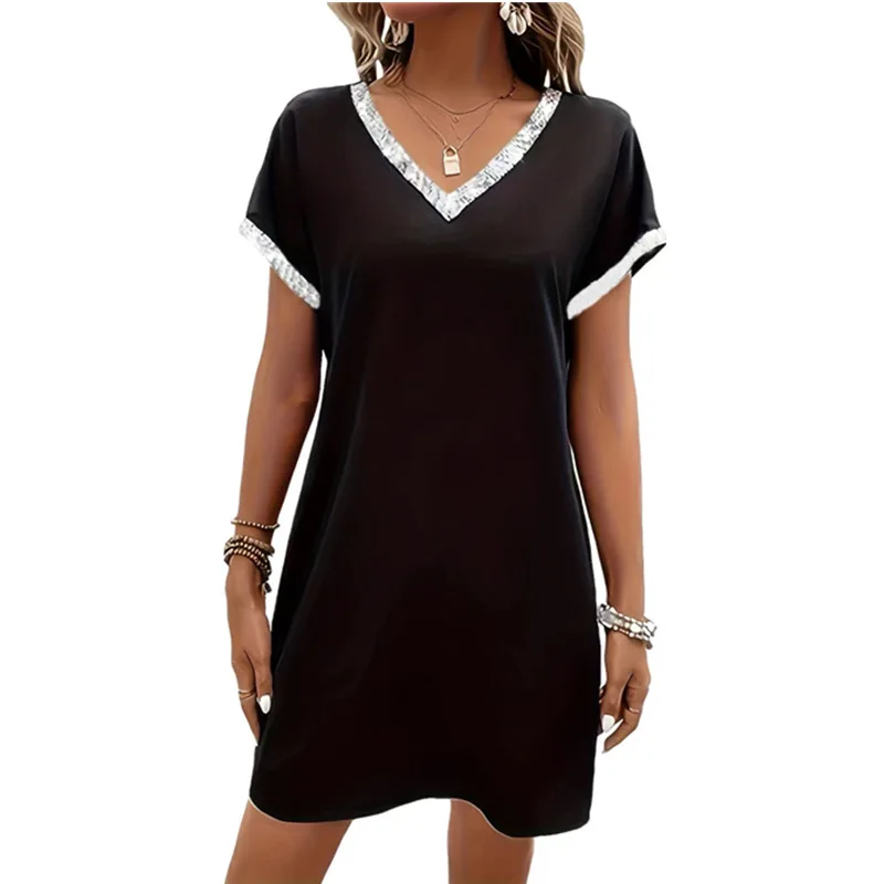 

2024 Spring Summer New Women's Closing Solid Color Sexy Fashion V-neck Short Sleeve Sequin Stitching Dress