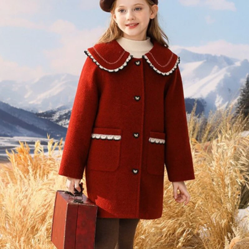 

Шерстяное пальто для девочек, ветровка, 2023, красное, винное, теплое, Утепленное зимнее хлопковое пальто, Рождественская Детская одежда для подростков