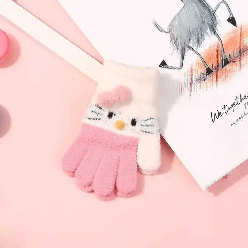 Knitted Gloves Children Gloves Sanrio Hello Kitty Gloves Kawaii Soft Warm Children's Knitted Gloves Cute Girl Rabbit Wool Knitted Thermal Full Finger