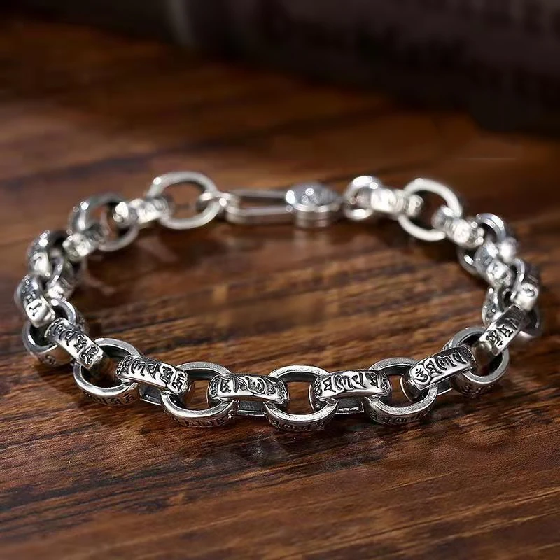 Simple S925 Sterling Silver 8mm Six Character Mantra Men's and Women's Bracelets Hip Hop Punk Trendy Chain Fashion Luxury Gift