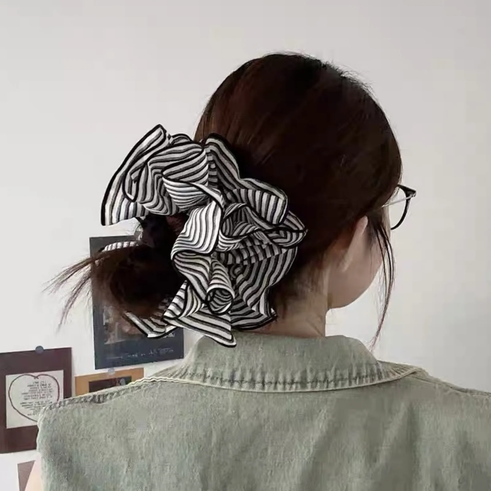 1PC Large Striped Hair Scrunchie with Ruffled Edges, Chic Black and White Hair Tie, Stylish Hair Accessory for Women