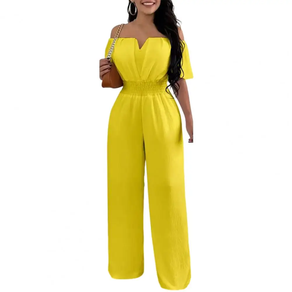 

Women Jumpsuit V-neck Short Sleeve Strapless High Waist Sexy Off Shoulder Wide Leg Pants Romper
