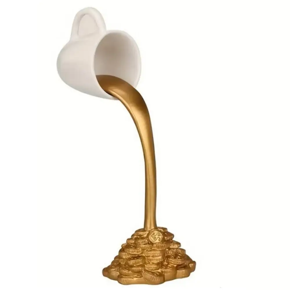 Liquid Gold Floating Mug Figure Novelty Coin Spilling Coffee Ornaments Funny Resin Floating Coffee Cup Figurines Office