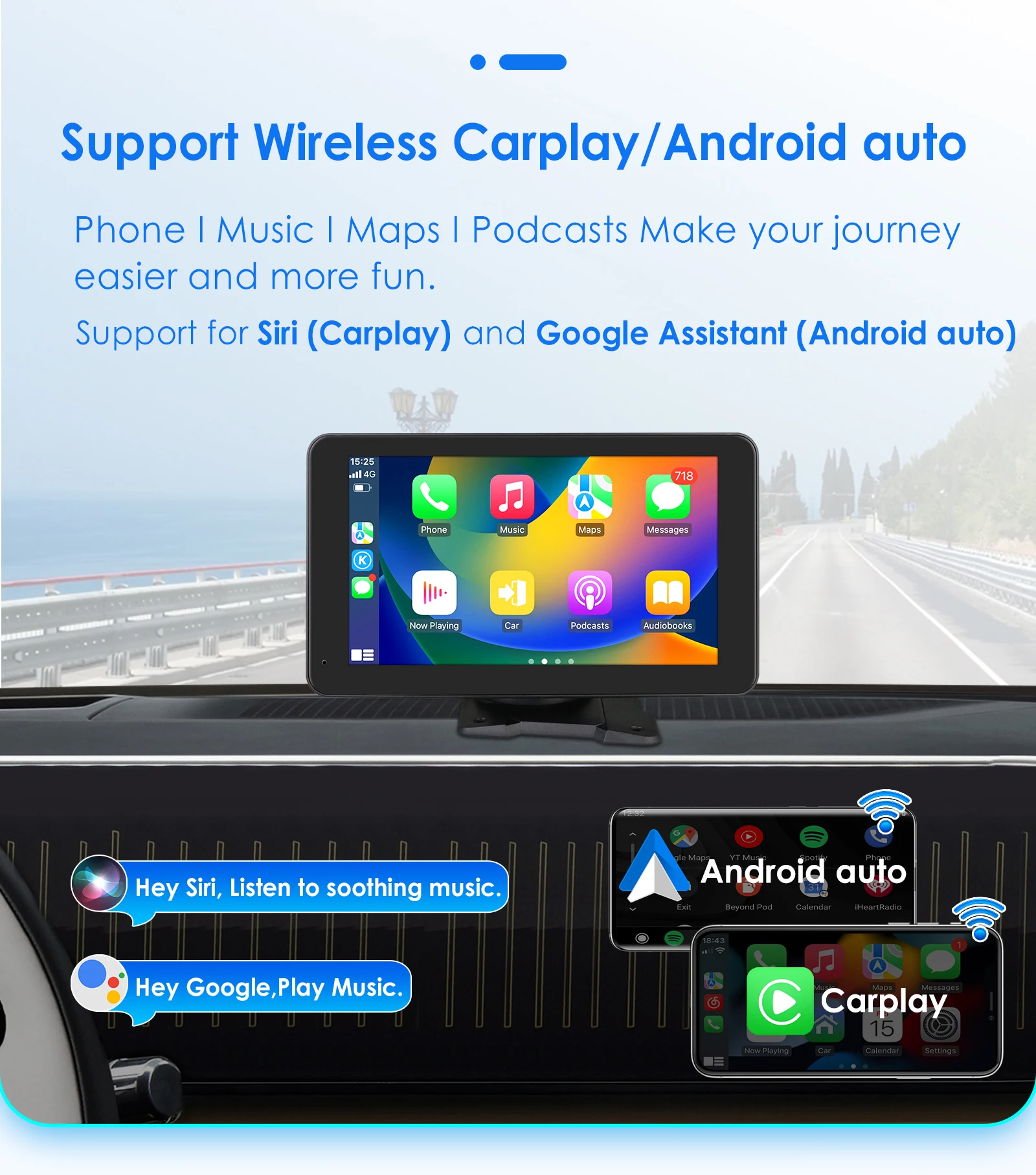 Hizpo 무선 카플레이, 범용 자동차 라디오 멀티미디어, 안드로이드 오토, VW 오펠, 닛산, 혼다, 360 ° 회전, 풀 터치 스크린, 7 인치