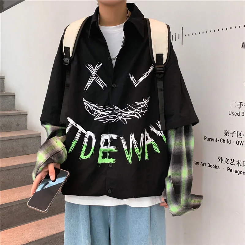 

NoEstaMal Streewear Monster Graphic Plaid Men Shirts Harajuku Fake Two Piece Male Cardigan Blouses Turn-down Korean Style Tops