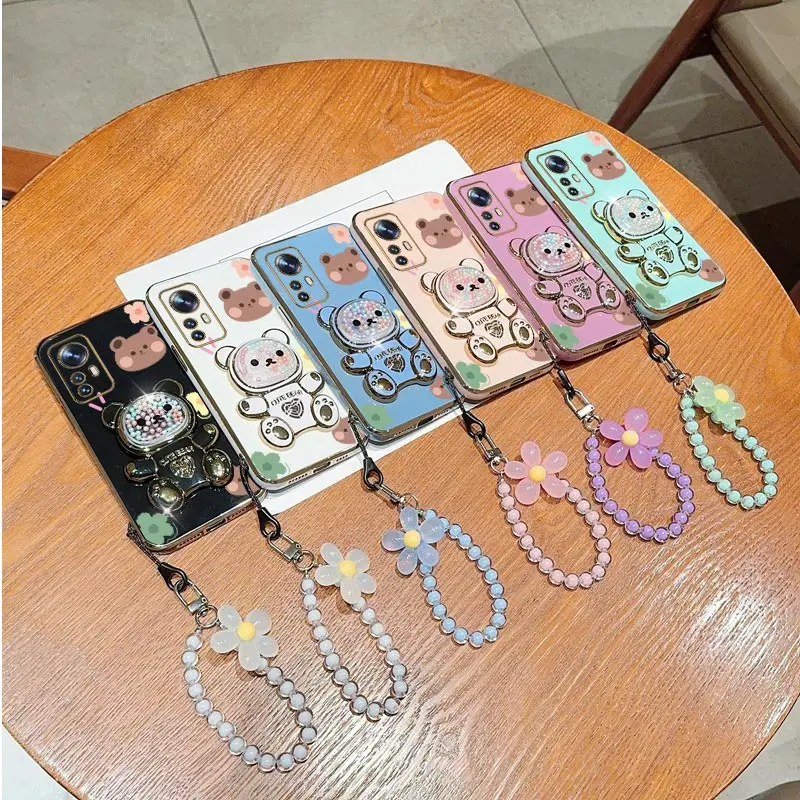 Floral Lanyard Phone Holder Case with Cute Bear and Stand Cover