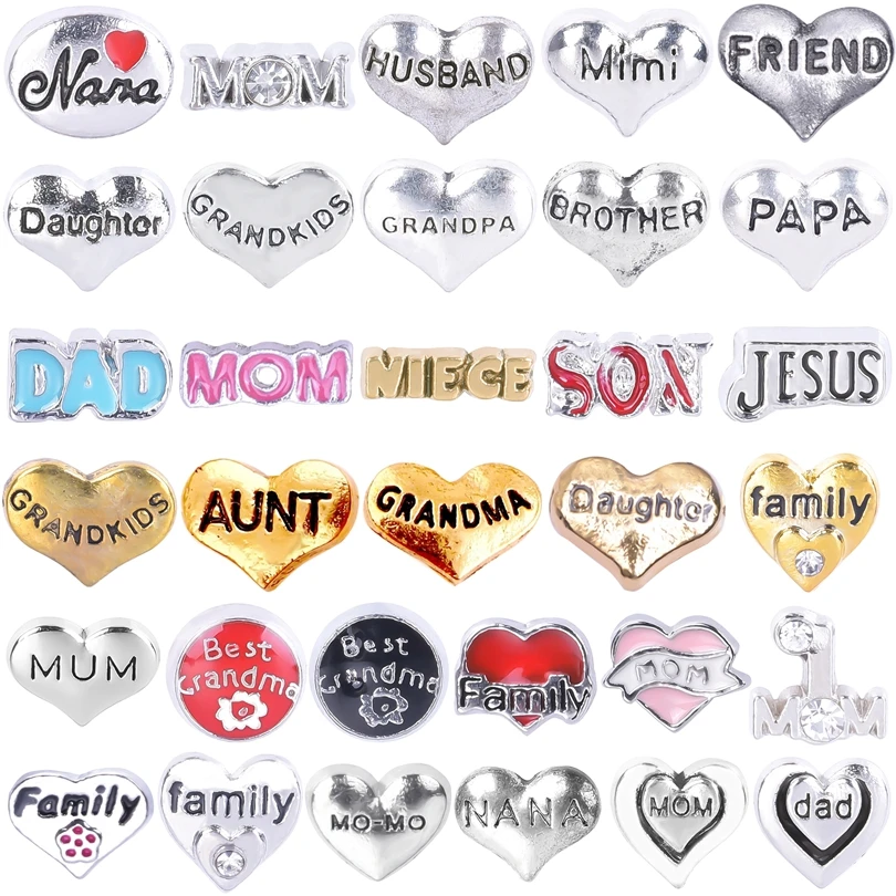 

20Pcs Classic Charm Heart Shape Lettering Mom Dad Family Aunt NANA Mimi Floating Locket Accessories DIY Jewelry Making Bulk