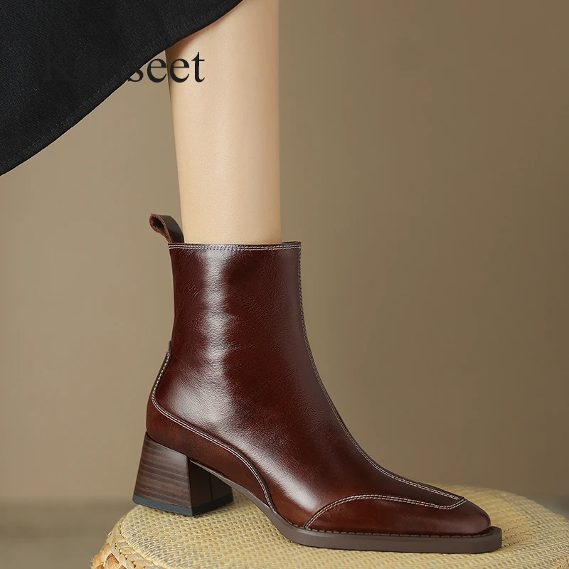 

Kanseet High Quality Short Boots Women Autumn Winter Fashion Brown Real Leather Shoes Square Toe Mid High Heels Lady Ankle Boots