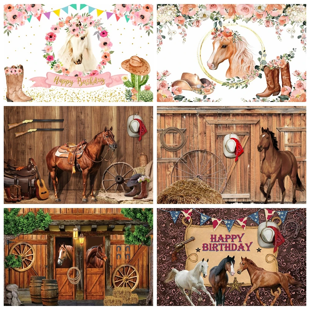 

Western Cowboy Horse Backdrop Photography Wild West Theme Saddle Flower Kids Boys Cowgirl Birthday Party Photo Background Props