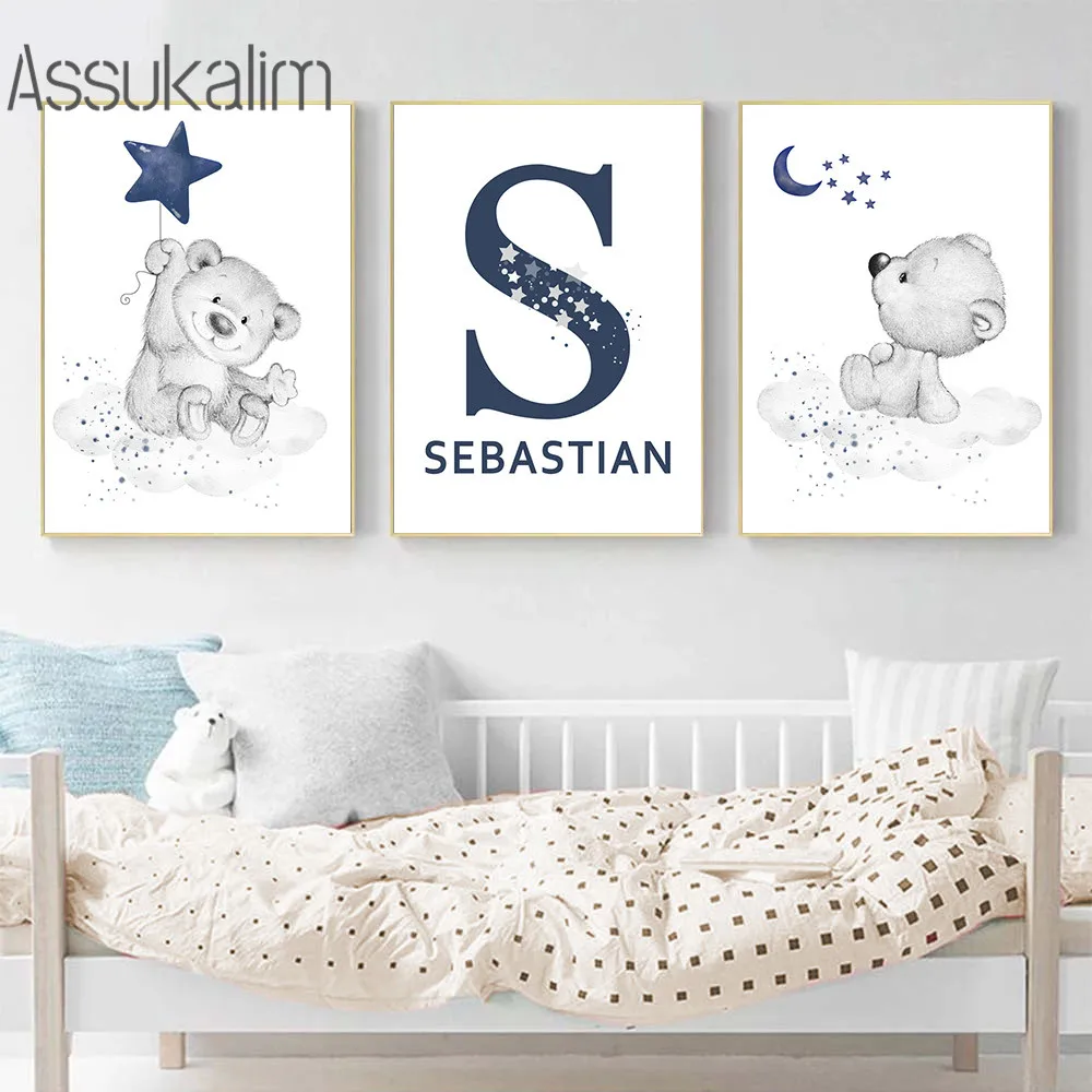 

Bear Print Pictures Custom Name Poster Cloud Star Wall Posters Nursery Canvas Painting Nordic Wall Art Baby Boy Bedroom Decor