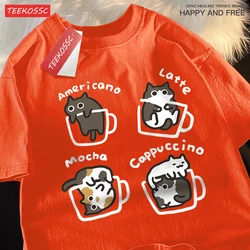 Mocha Latte Cat Graphic Pure Cotton Trendy Summer T-shirt - S (Orange)