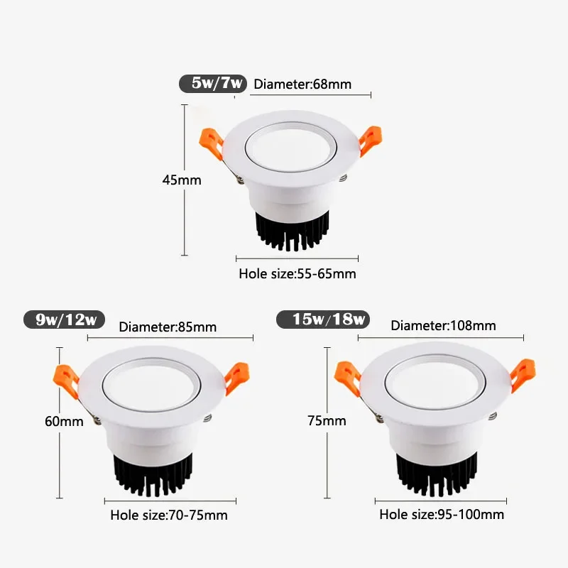 Description Picture 3 of itemEmbedded dimmable COB spotlights LED downlights 5W 7W 9W 12W 15W 18W Living room bedroom supermarket AC85-260V indoor lighting