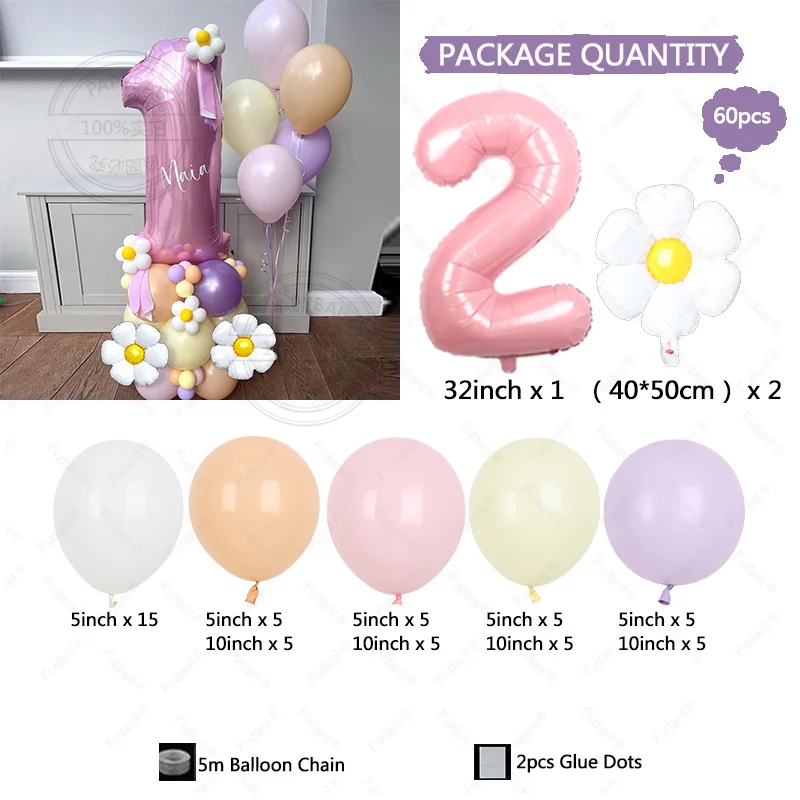 생일 웨딩 신부 샤워용 화이트 데이지 풍선 기둥 세트, 마카롱 라텍스 글로보, 32 인치 핑크 번호, 60 개