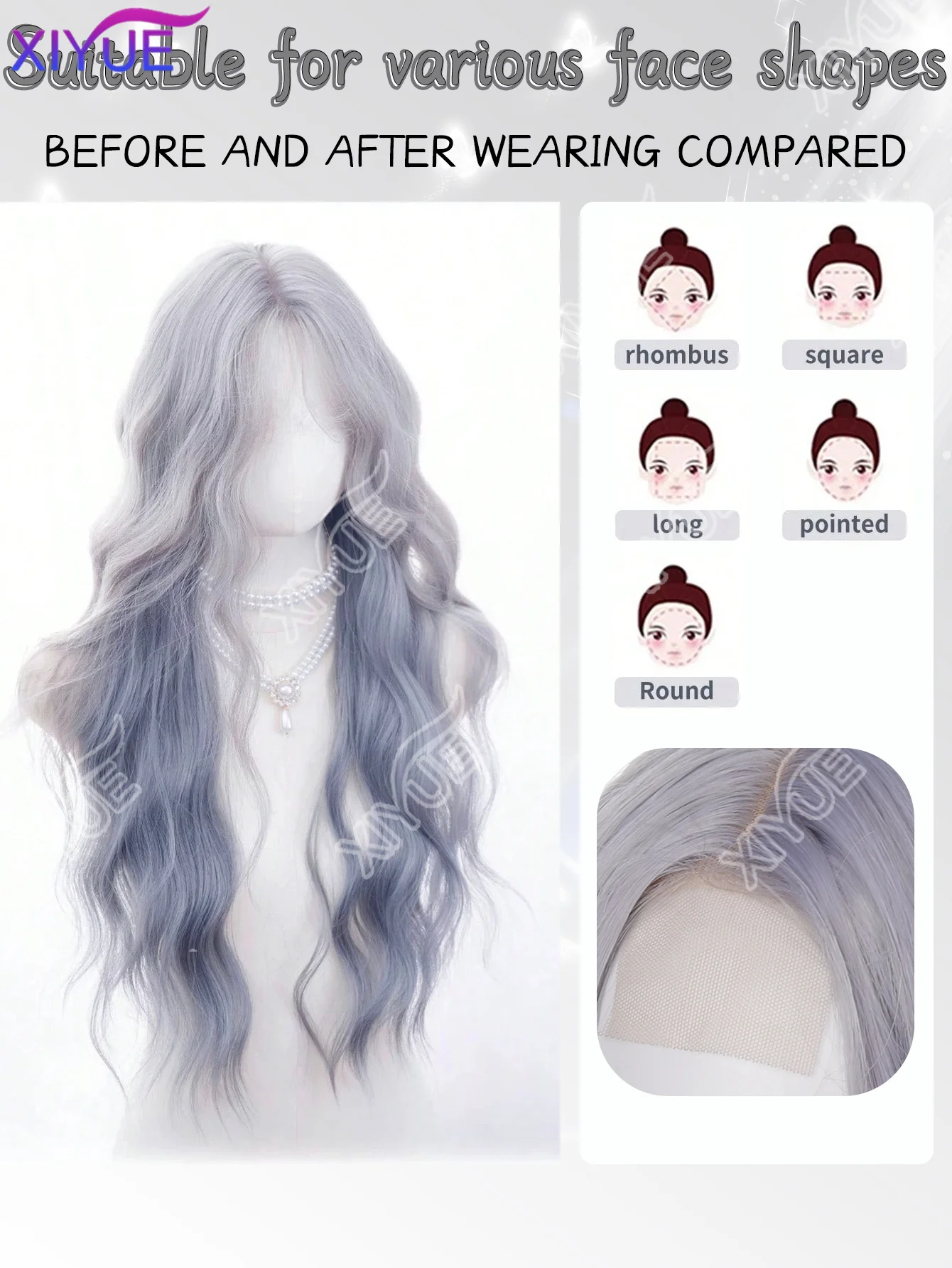 XIYUE Forehead Lace Long Wavy Wigs Hair, Gradient Grayish-Blue 30 Inch Semi Woven Daily Natural, Smooth And Realistic Wig