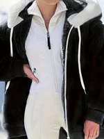 Women's Jacket Plush Zipper Pocket Hooded Long Sleeve Solid Fur Casual Loose Warm Winter Ladies Coats 2024 Fashion Thick Clothes 1