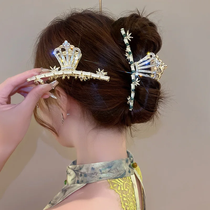 

Metal Grab Clip Large Size Alloy Shark Clip Green Bamboo Hair Clip Long Crystal Crown Ponytail Claw Clip Hanfu Hair Accessories