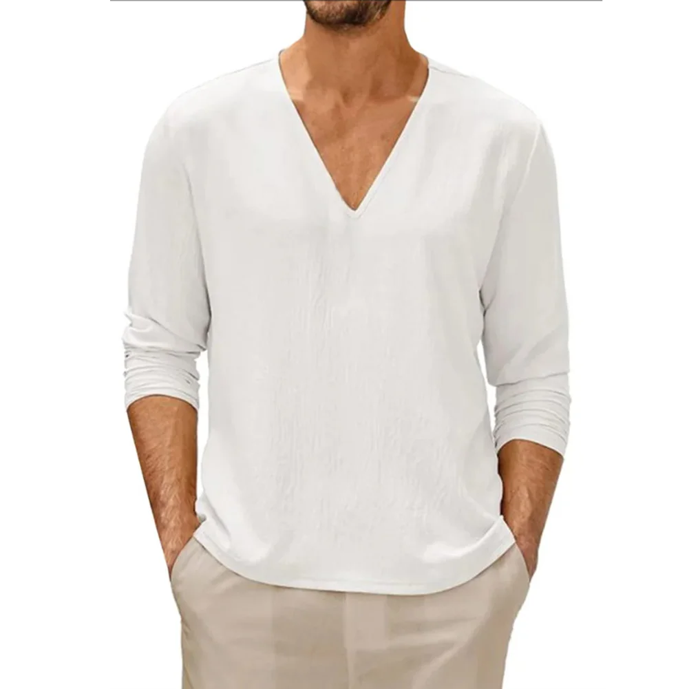 

Топы, футболка, блузка, повседневные свободные топы, мужские тонкие футболки с длинным рукавом, легкая эластичная однотонная Повседневная футболка с V-образным вырезом