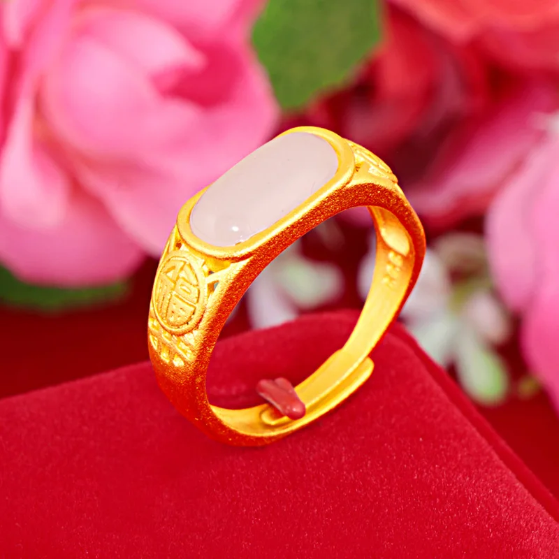 

Pure gold new gold inlaid gemstone ring, bracelet, men's lucky letter ring jewelry