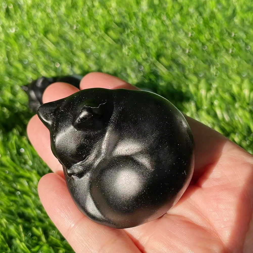 Statua Di Gatto Addormentato Di Ossidiana Nera Naturale Intagliata A Mano In Pietra Curativa Figurina Di Statua Di Gattino In Pietra Preziosa