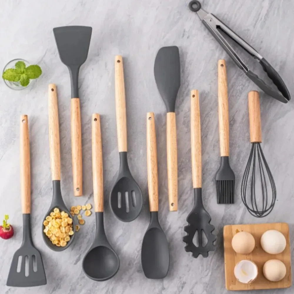 12pcs Silicone Kitchen Utensils Ergonomic Wooden Handles