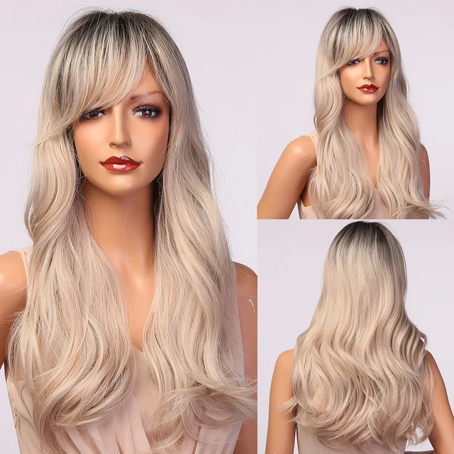U.SHINE Ombre Brown Light Blonde Platinum Long Wavy Middle Part Hair Wig Cosplay Natural Heat Resistant Synthetic Wig for Women LC5072
