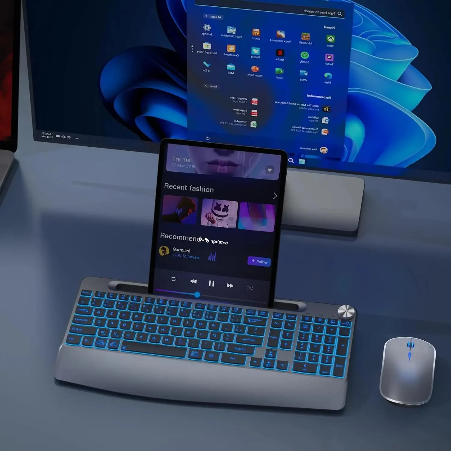 휴대폰용 손 받침대가 있는 무선 백라이트 키보드 PC Mac Windows와 호환 가능 - 무선 마우스 포함