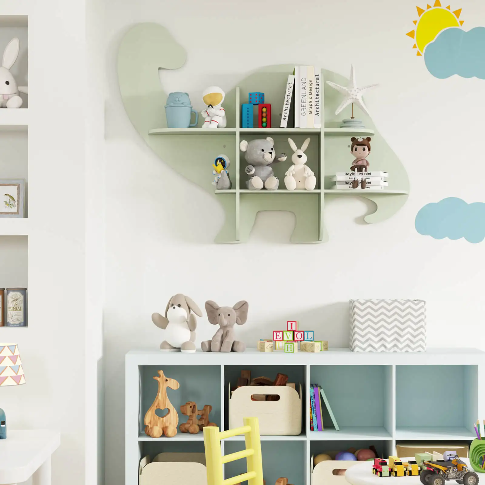 2-Tier Floating Dinosaur Kids Bookshelf Wall-Mounted Nursery Book Shelf 5
