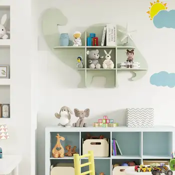 2-Tier Floating Dinosaur Kids Bookshelf Wall-Mounted Nursery Book Shelf 5