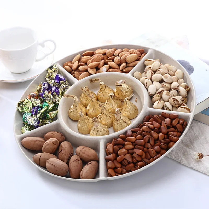 Fruit Plate Snack Dish 1 Pc 6-Compartment Food Storage Tray Dried Fruit Snack Plate Appetizer Serving Platter for Party Candy Pastry Nuts Dish