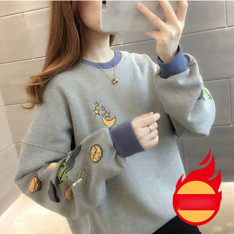 Fashion O-Neck Loose Printed Korean Sweatshirts Female Clothing 2023 Winter Oversized All-match Tops Casual Warm Sweatshirts