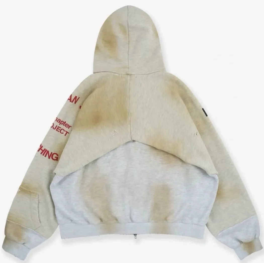 Grailz Project G/R Vintage Distressed Fade-Washed Vintage-Look Zipper Hoodie Oversized High-Street Deconstructed Sweatshirt