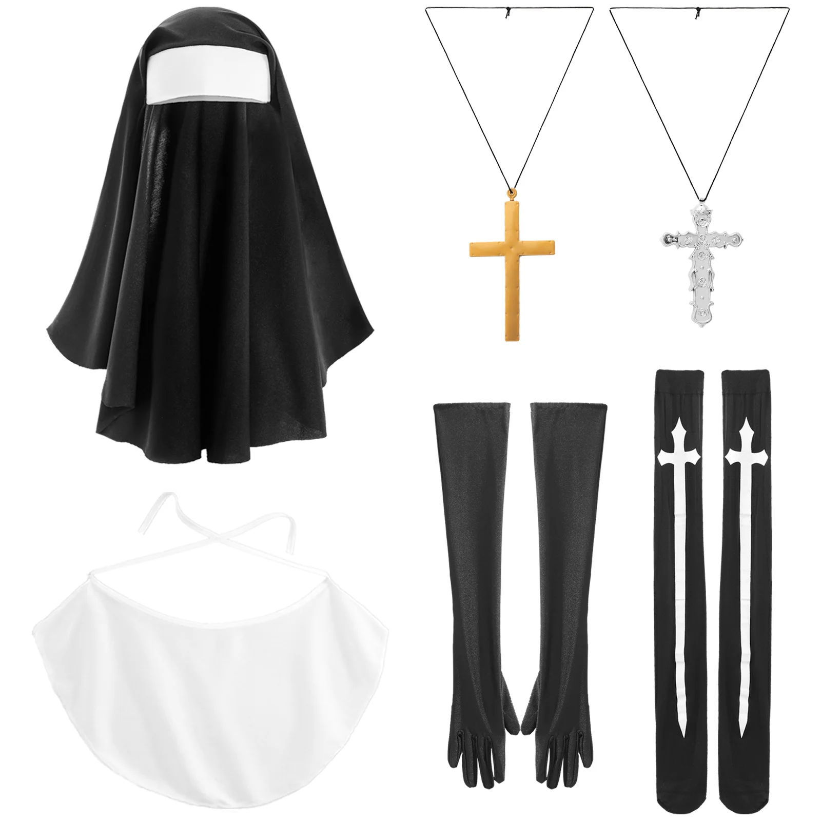 

Nun Missionary Costume Nun Hat Priest Cross Headdress Silk Tube Stockings Gloves Plastic Cross Necklace Halloween Cosplay Suit