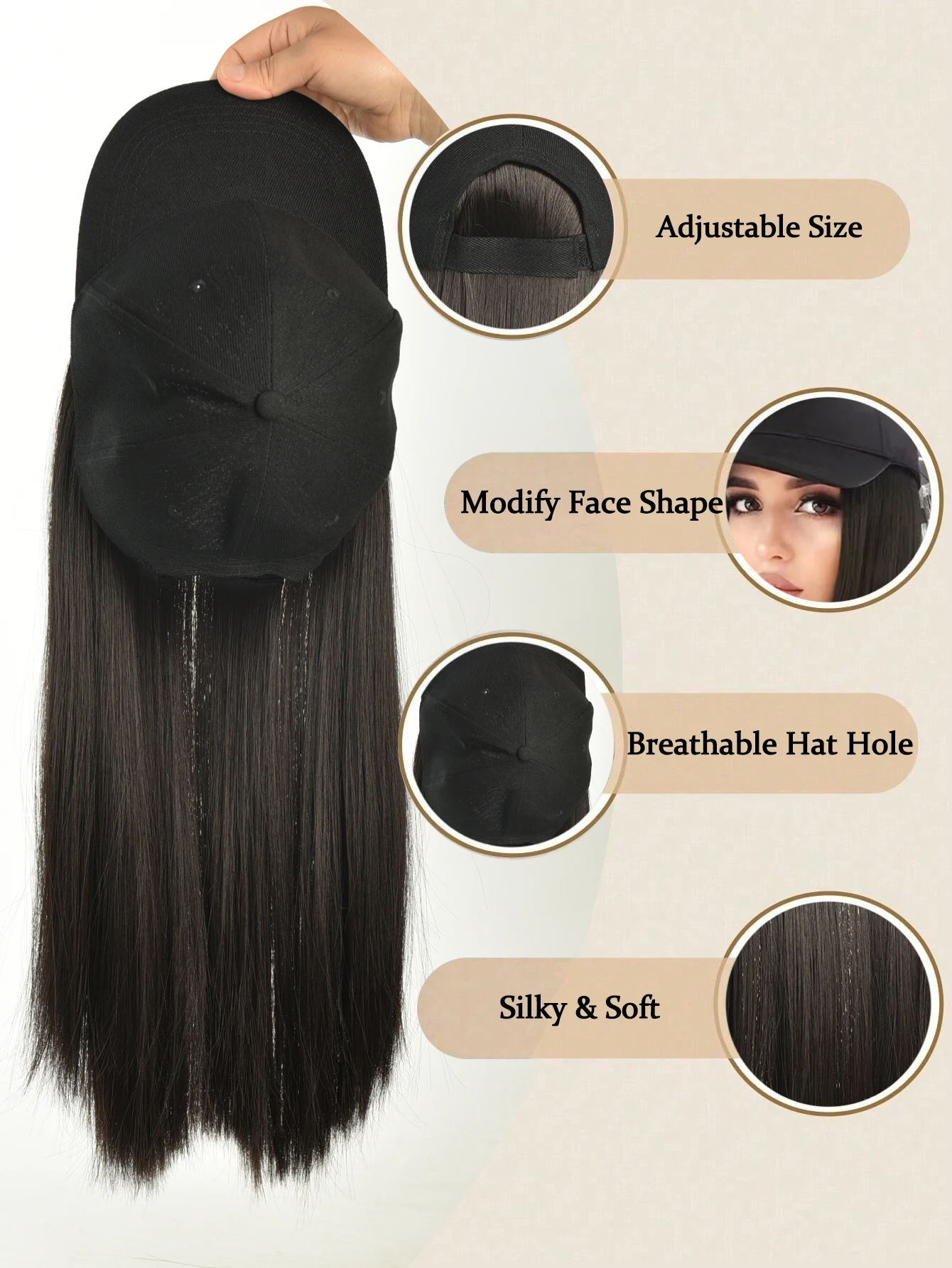 Synthetic Straight Black Brown Wig Hat for Women