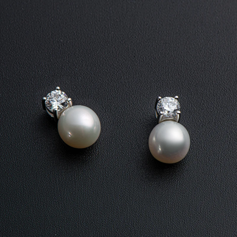 AINUOSHI 925 Sterling Silver Ladies Ear Stud 8-9mm White Shell Beads & 3.5mm Zircon Earrings for Women Fashion Jewelry Gift 4