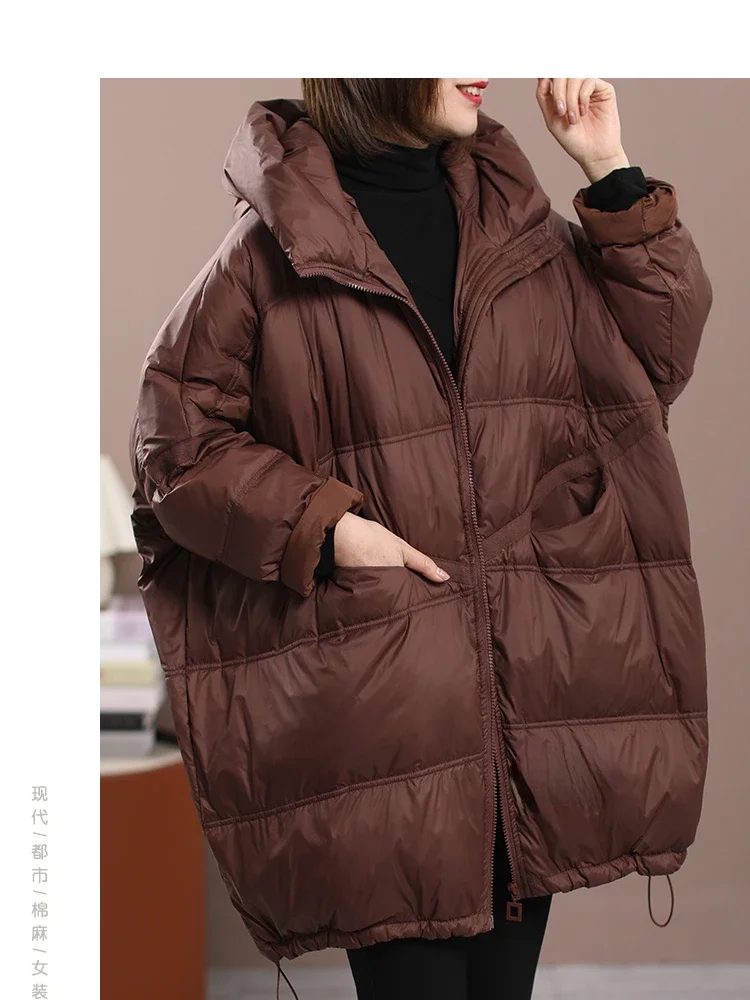 New Winter Women White Duck Down Loose Jacket with Hood Female Thick Warm Outwear Casual Over Size Patchwork Coats Jackets